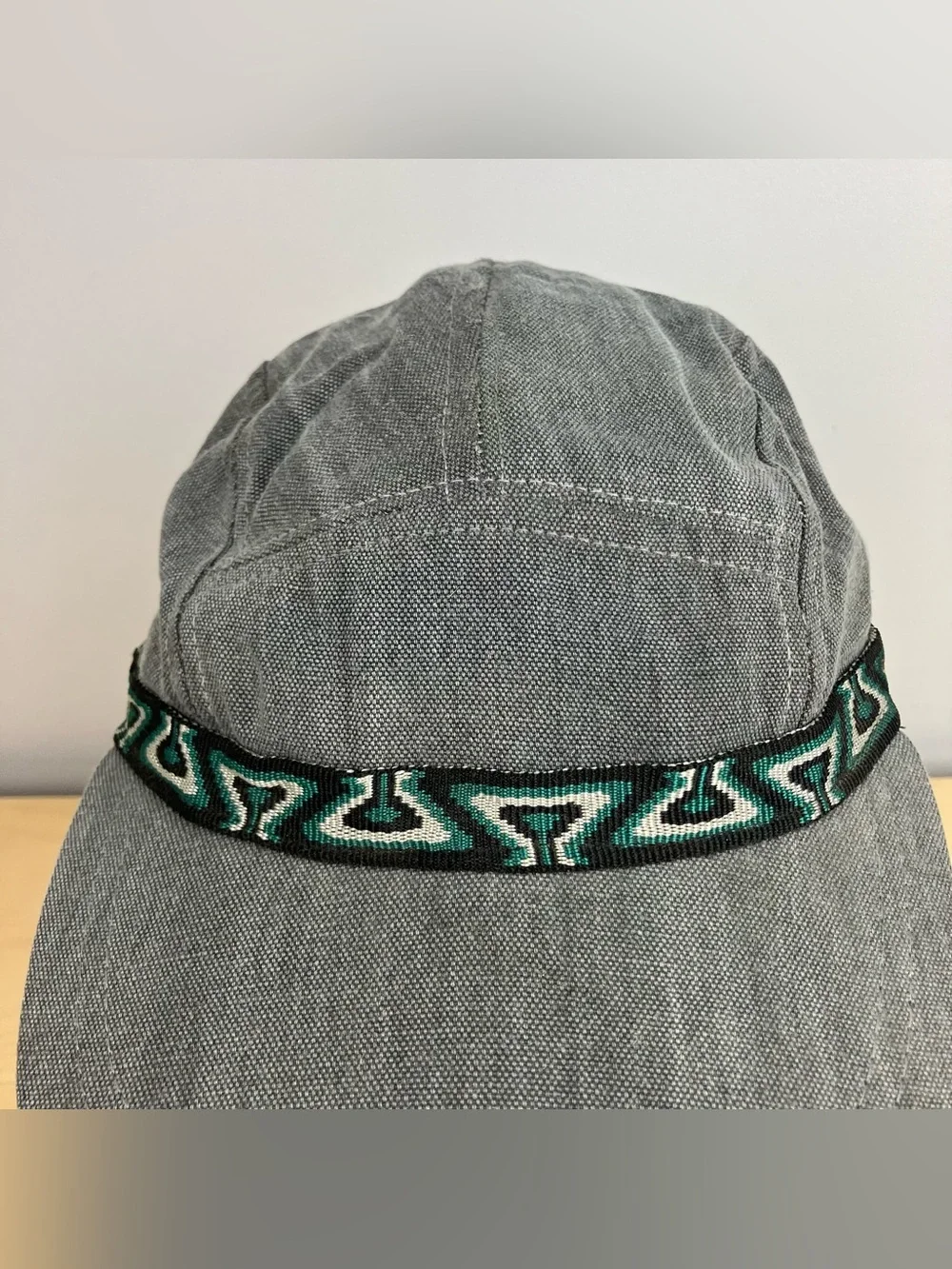 Vintage L.L. Bean 5 Panel Adventure Strapback Hat Script Logo Gray Aztec NOS.